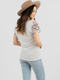 Women's Mineral Wash Aztec Feather Graphic Beading Short Sleeve Tee - Cowgirl Wear