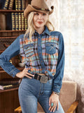 Montana West Patchwork Plaid Embroidered Long Sleeve Chambray Shirt - Cowgirl Wear
