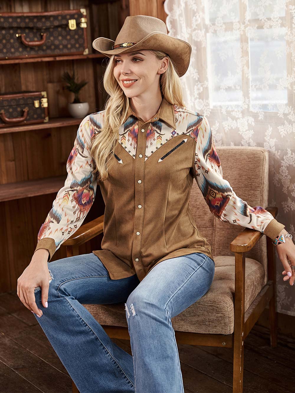 Montana West Aztec Studded Fringe Long Sleeve Shirt - Cowgirl Wear