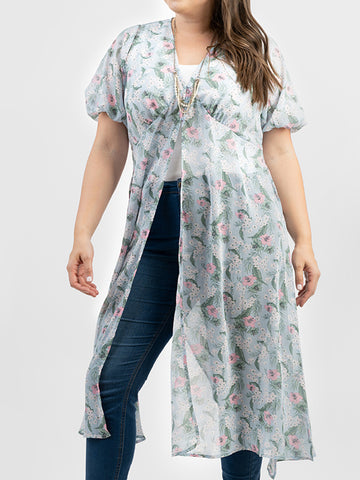 Plus Size Women Floral Print Button Kimono - Cowgirl Wear
