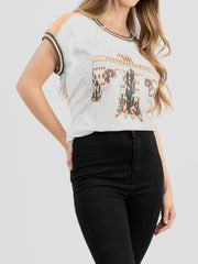 Women's Mineral Wash Contrast Stitched Studded Eagle and Desert Graphic Short Sleeve Tee - Cowgirl Wear