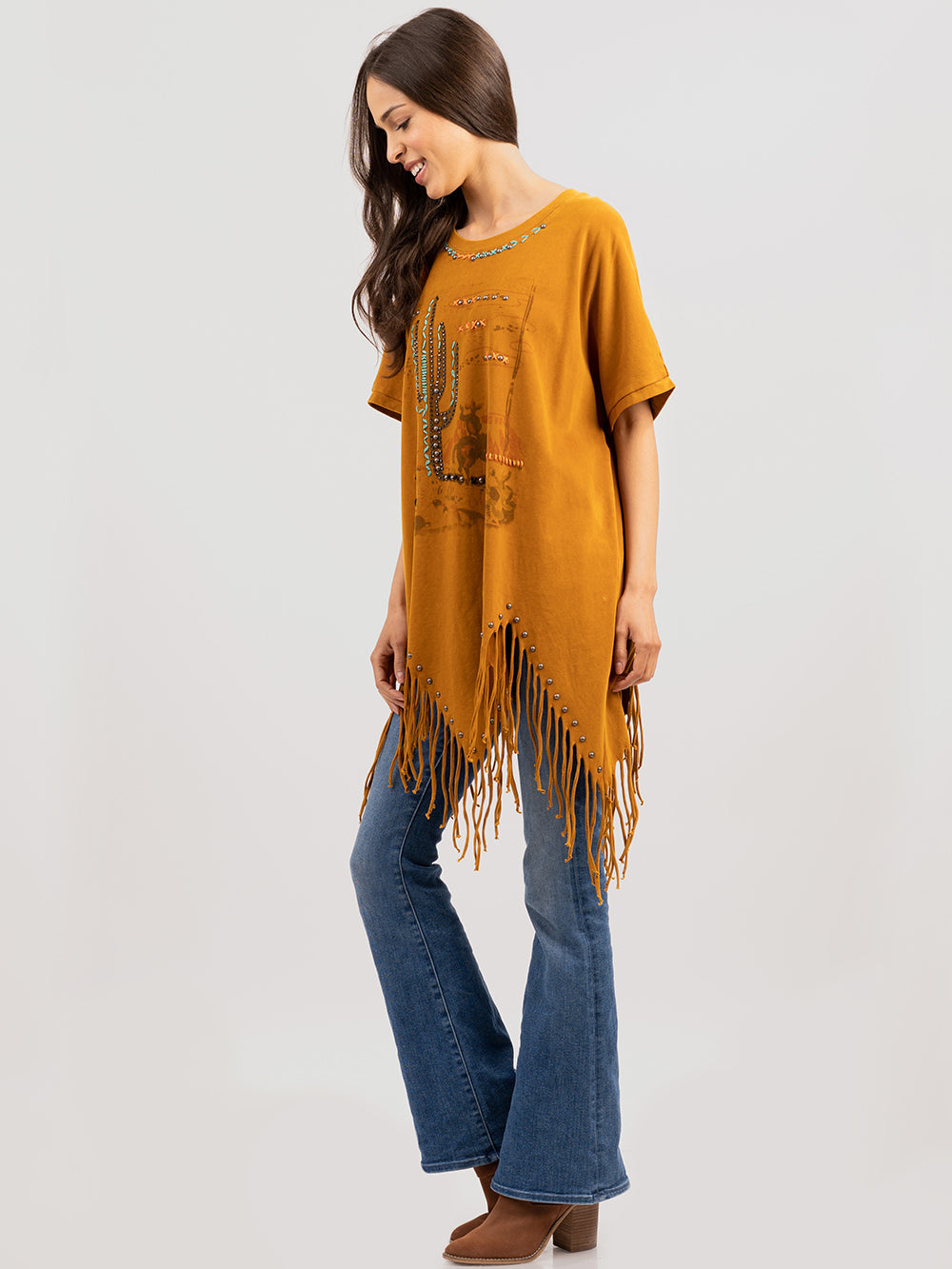 Women's Mineral Wash Desert Graphic Fringe Top - Cowgirl Wear