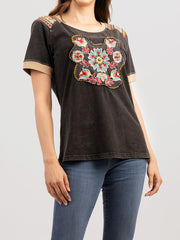 Women's Mineral Wash Floral Embroidered Patchwork Short Sleeve Shirt - Cowgirl Wear