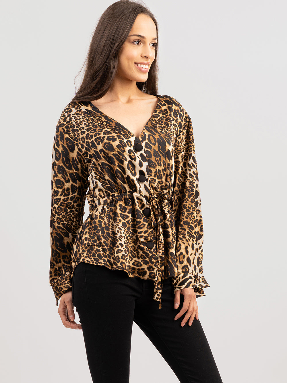 Women's Leopard Print Shirt Sleeve Drawstring Blouse - Cowgirl Wear