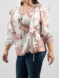 Plus Size Women Floral Print Ruffle 3/4 Sleeve Wrap Blouse - Cowgirl Wear