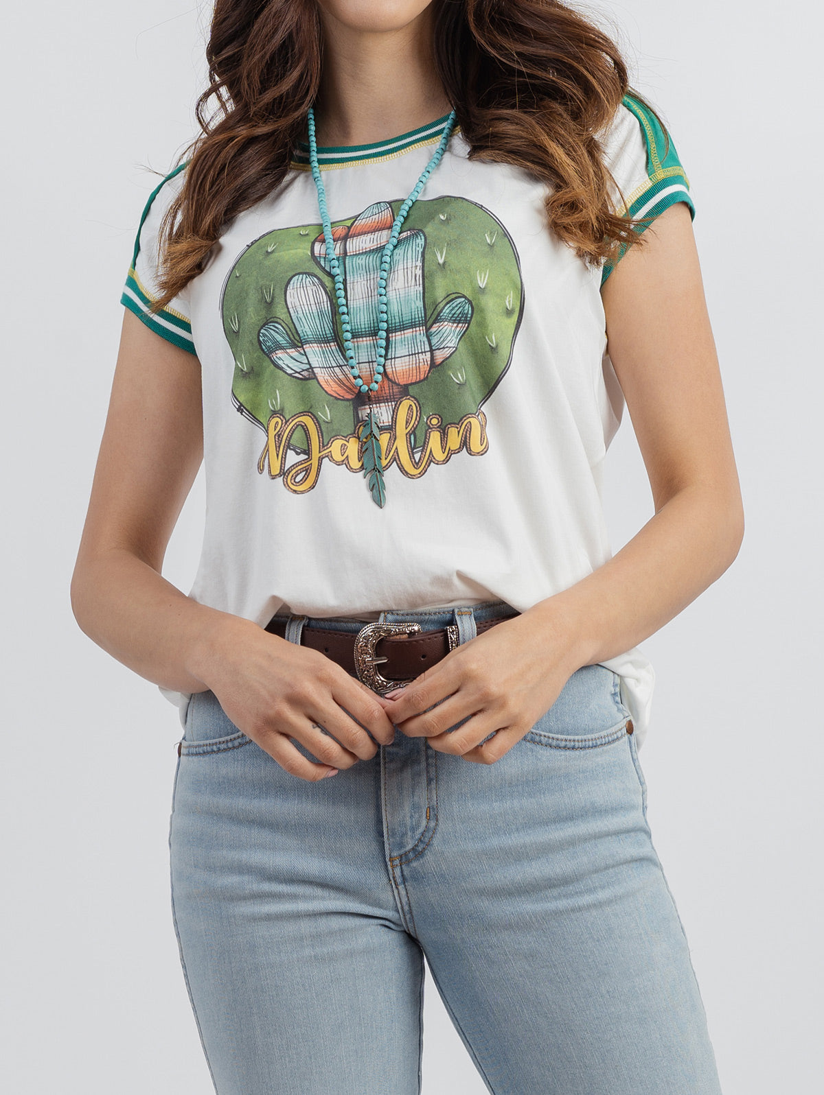 Women's Mineral Wash Contrast Stitched Cactus Graphic Print Short Sleeve Tee - Cowgirl Wear