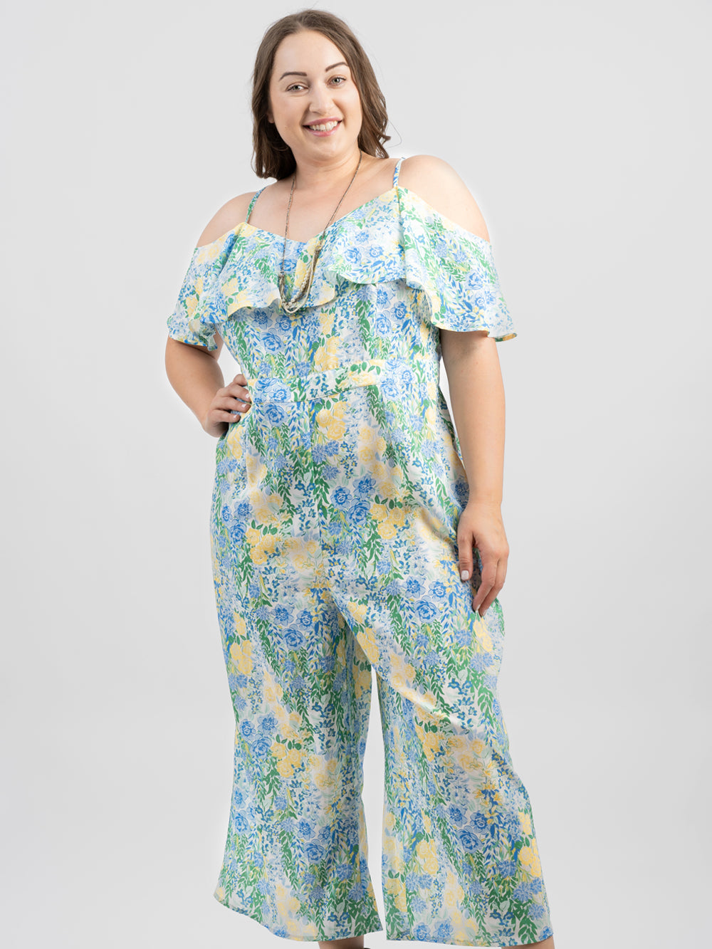 Plus Size Women Ruffle Floral Cold Shoulder Satin Jumpsuit - Cowgirl Wear