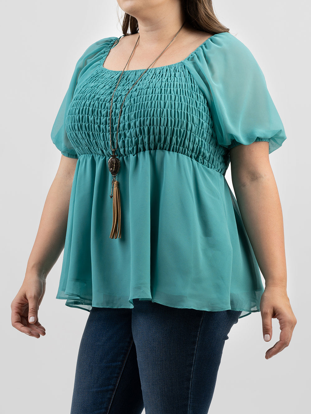 Plus Size Women Pearl Chiffon Ruched Tiered Short Puff Sleeve Top - Cowgirl Wear