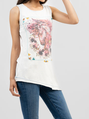 Women's Mineral Wash Hand Stitching Floral Horse Graphic Tassel Sleeveless Tee - Cowgirl Wear
