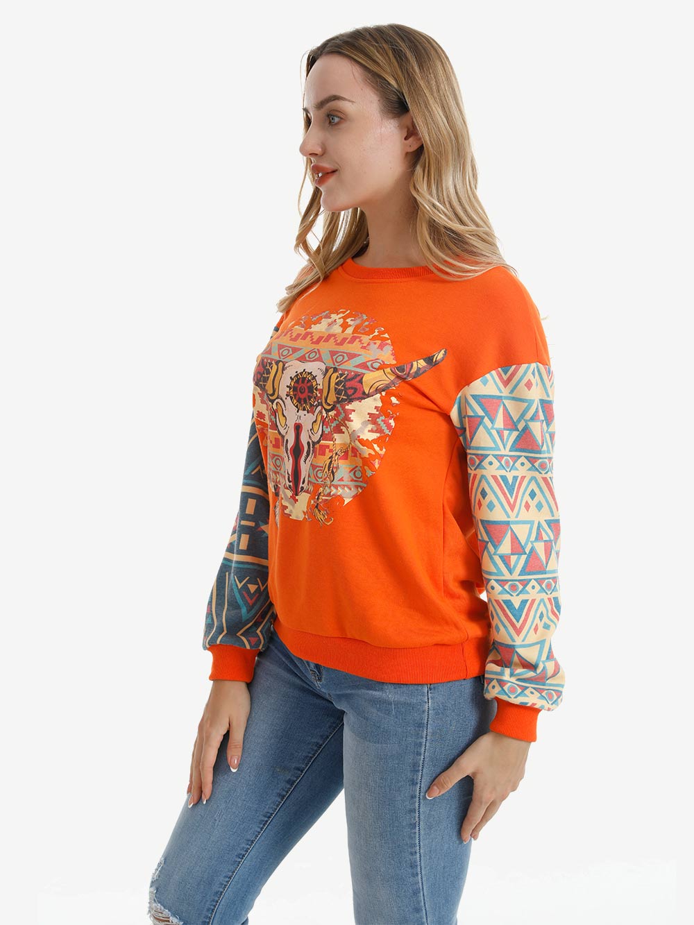 American Bling Women Vintage Bull Skull Aztec Style Sweatshirt - Cowgirl Wear