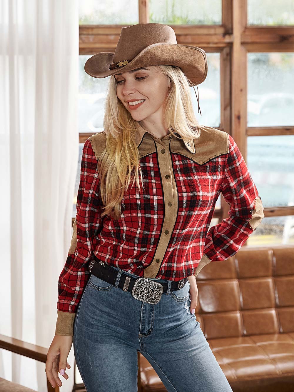 Montana West Red Flannel Plaid Studded Long Sleeve Shirt - Cowgirl Wear