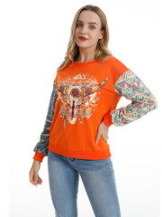 American Bling Women Vintage Bull Skull Aztec Style Sweatshirt - Cowgirl Wear