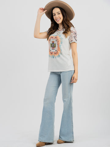 Women's Mineral Wash Aztec Feather Graphic Beading Short Sleeve Tee - Cowgirl Wear