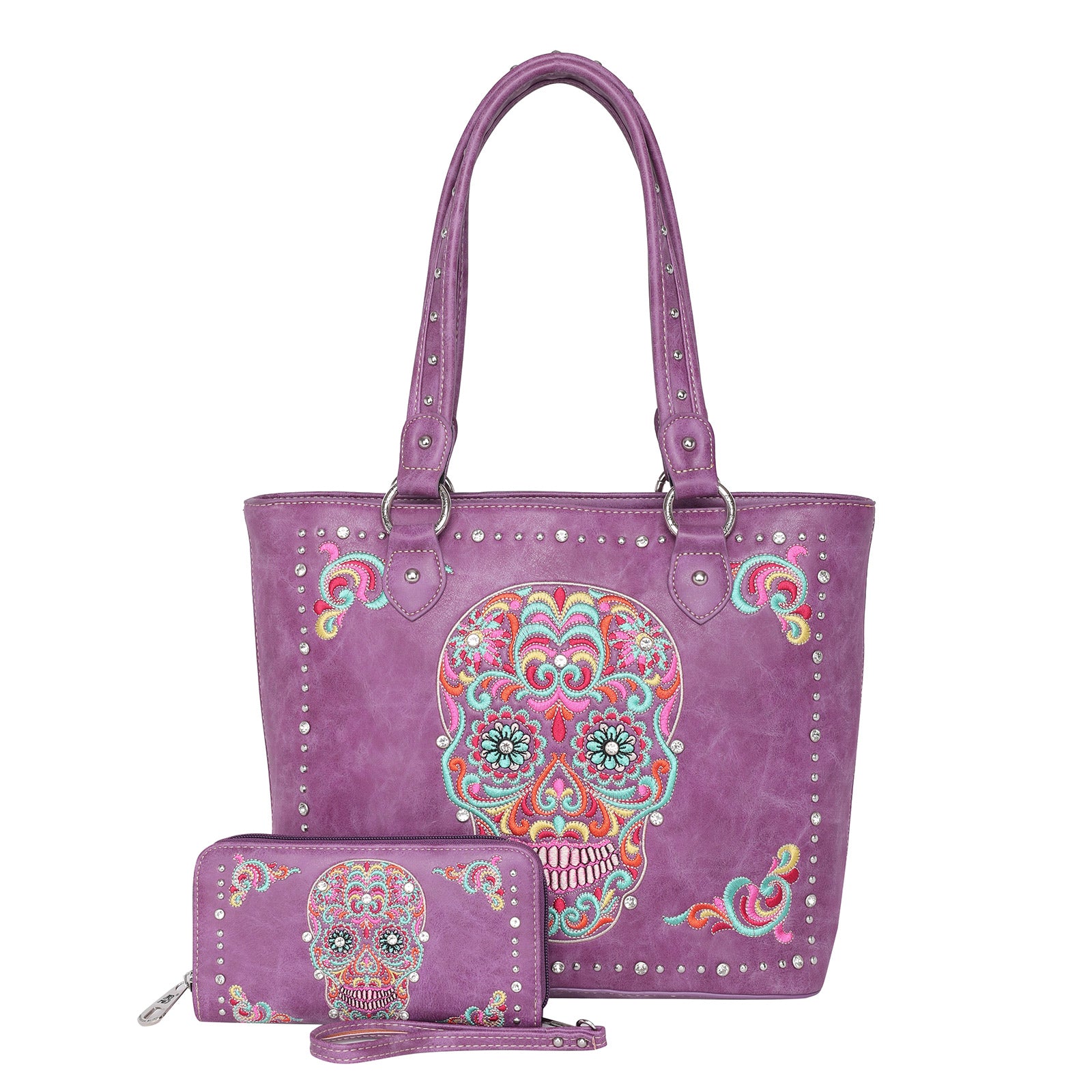 Concealed Carry Sugar Skull Embroidered Tote Purse and Wallet Set - Cowgirl Wear