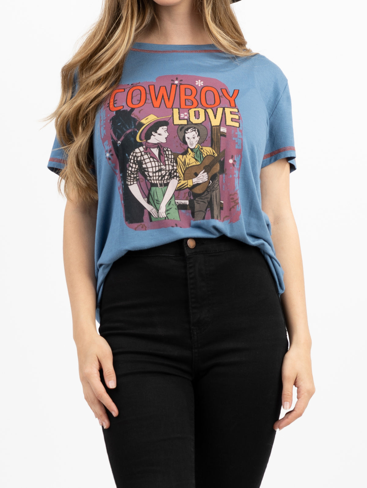 Women's Mineral Wash Contrast Stitched CowBoy Love Graphic Short Sleeve Tee - Cowgirl Wear