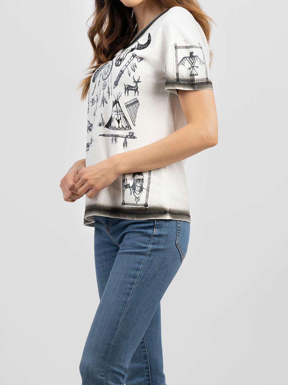 Women's Mineral Wash Retro Pattern Print Short Sleeve Tee - Cowgirl Wear