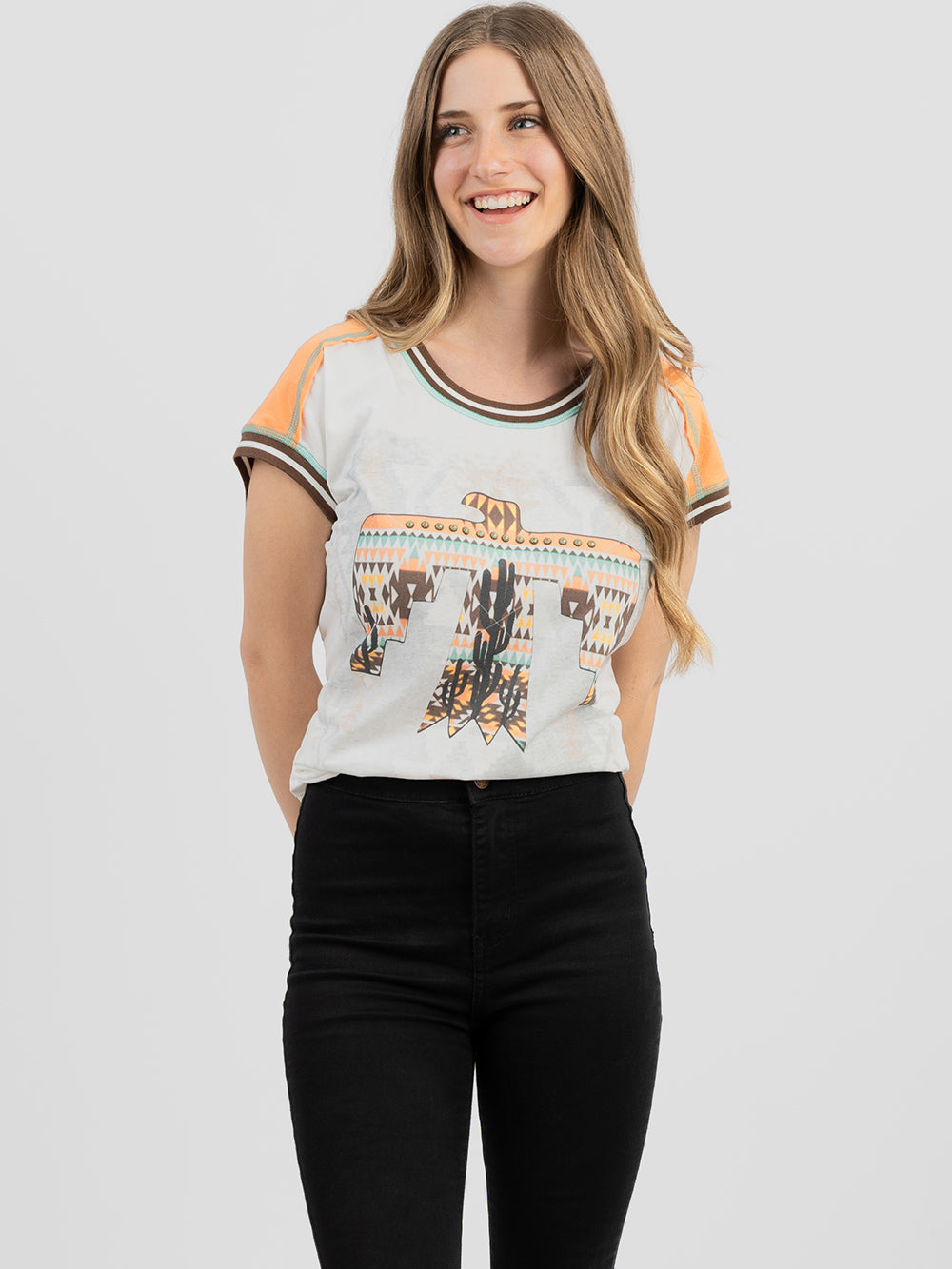 Women's Mineral Wash Contrast Stitched Studded Eagle and Desert Graphic Short Sleeve Tee - Cowgirl Wear