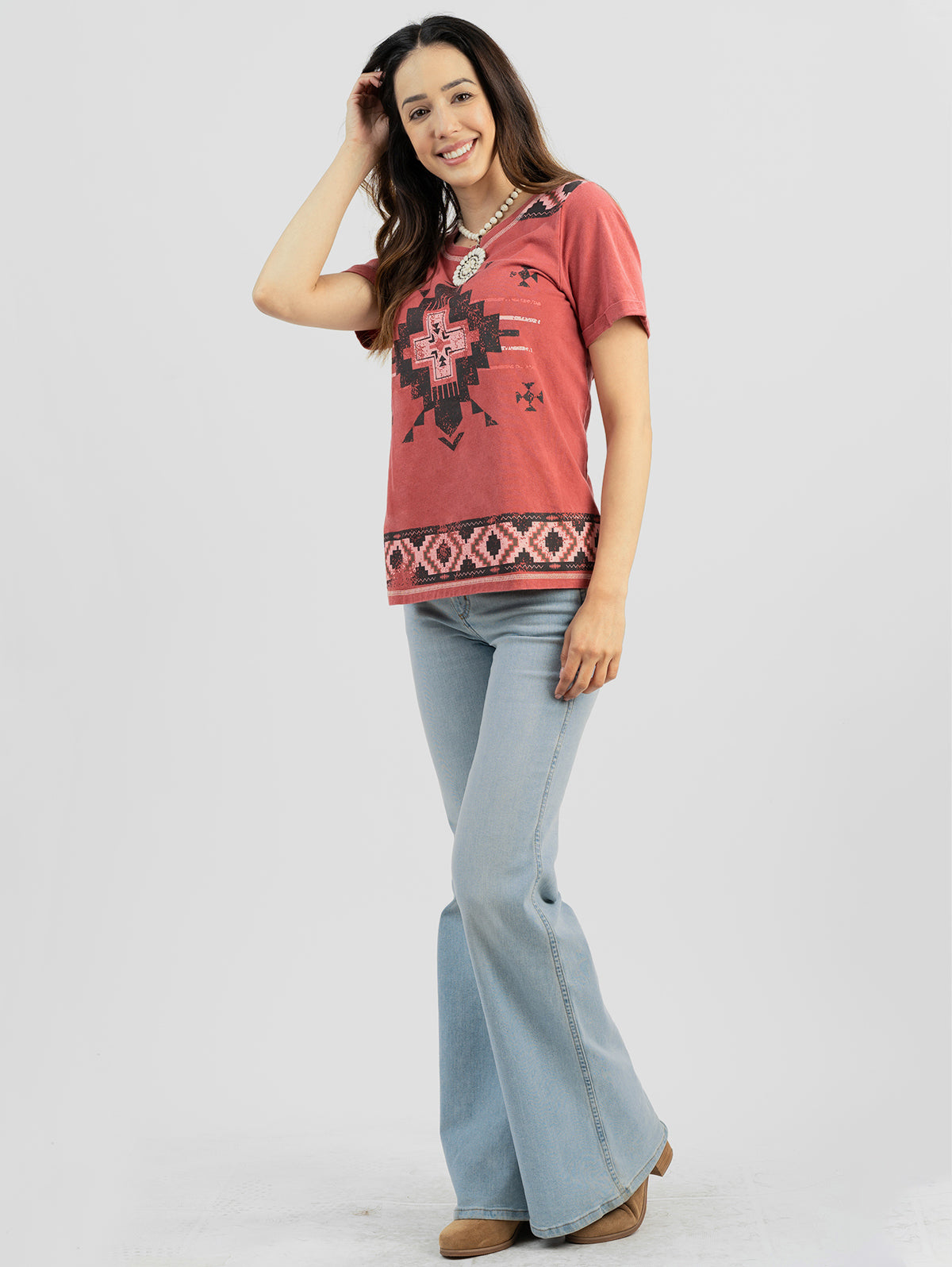 Women's Mineral Wash Aztec Graphic Short Sleeve Tee - Cowgirl Wear