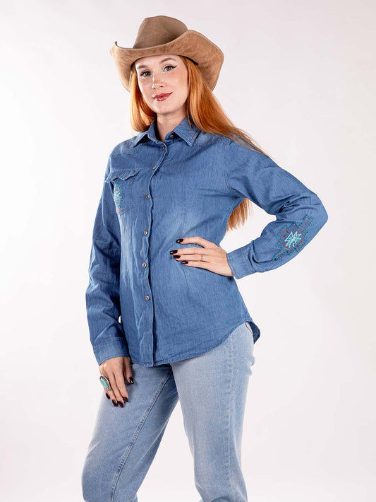 Montana West Embroidered Aztec Long Sleeve Chambray Shirt - Cowgirl Wear