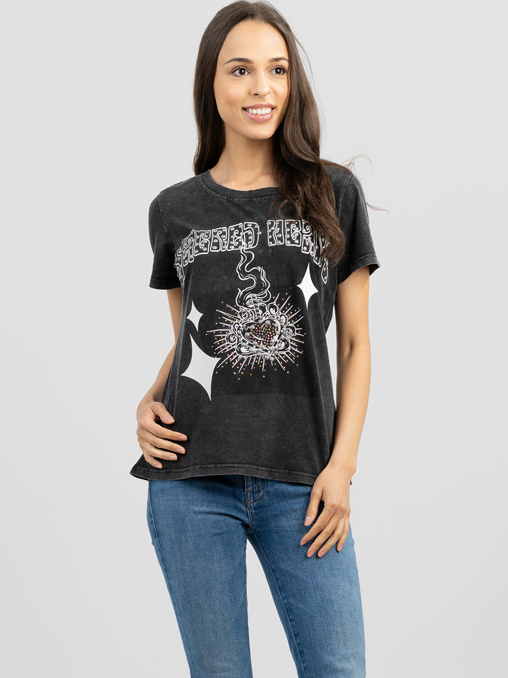 Women's Mineral Wash Sacred Hgart Graphic Short Sleeve Tee - Cowgirl Wear