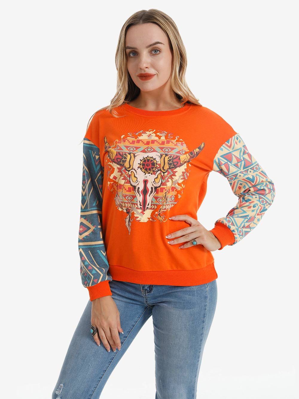 American Bling Women Vintage Bull Skull Aztec Style Sweatshirt - Cowgirl Wear