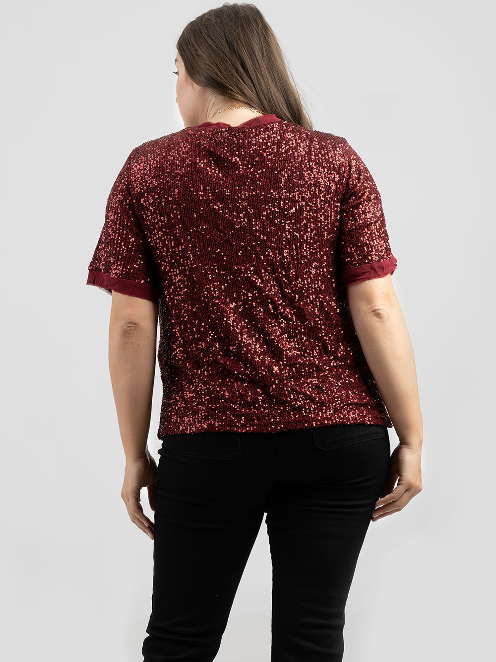Plus Size Women Sequin Layer Decoration Short Sleeve Top - Cowgirl Wear