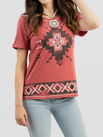 Women's Mineral Wash Aztec Graphic Short Sleeve Tee - Cowgirl Wear