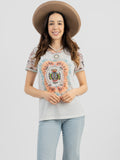 Women's Mineral Wash Aztec Feather Graphic Beading Short Sleeve Tee