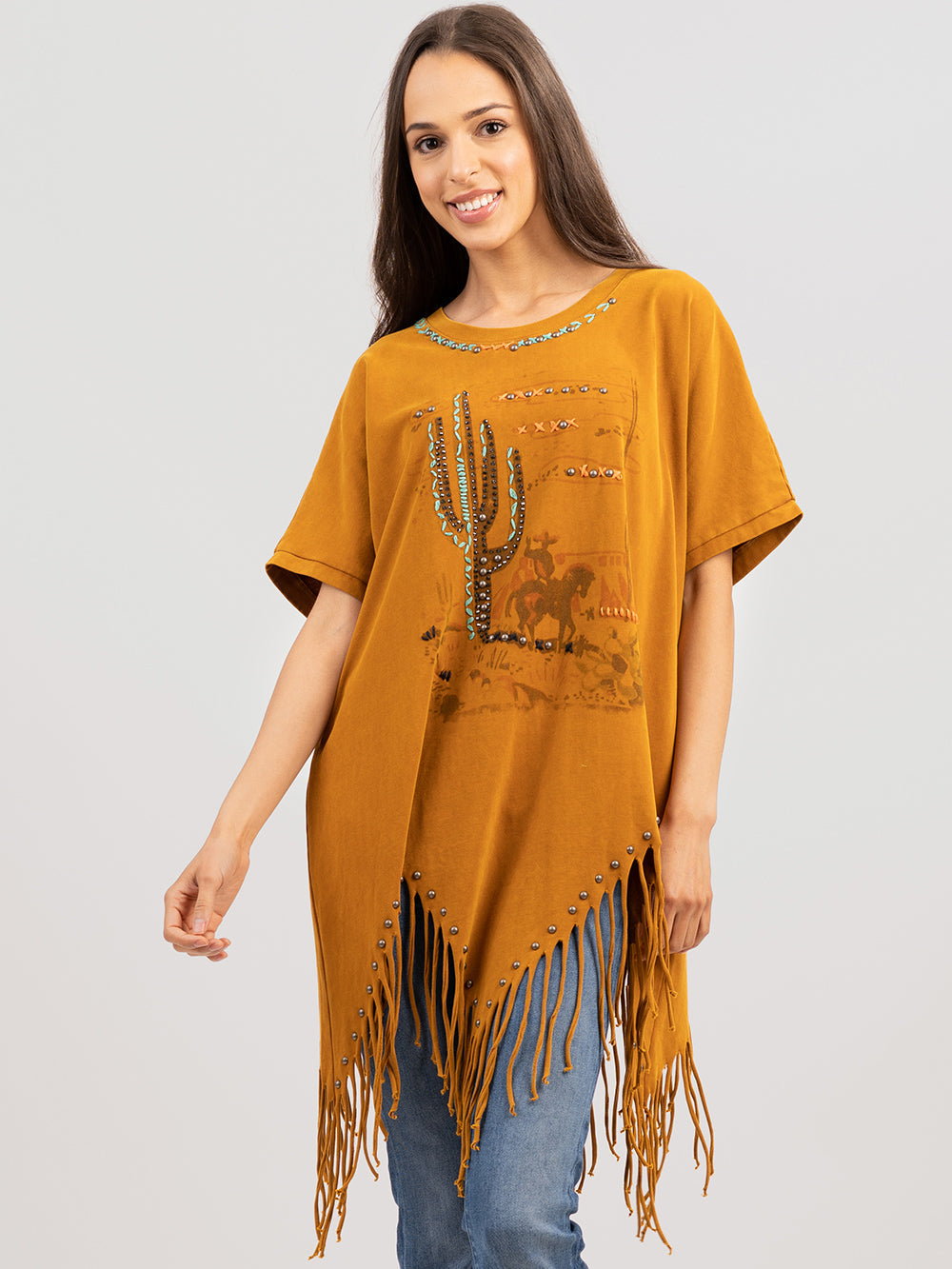 Women's Mineral Wash Desert Graphic Fringe Top - Cowgirl Wear