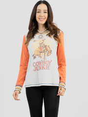 Delila Women Mineral Wash “Cowboy Junkie” Graphic Long Sleeve Shirt - Cowgirl Wear