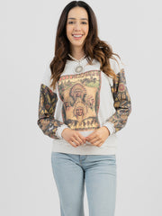 Women's Studded "101 Ranch Wild West" Graphic Print Distressed Long Sleeve Sweatshirt - Cowgirl Wear