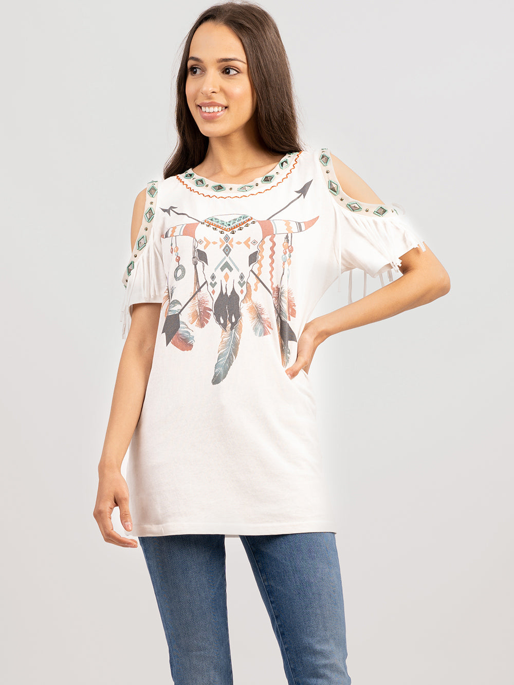 Women's Mineral Wash Bull Aztec Graphic Short Sleeve Tee - Cowgirl Wear