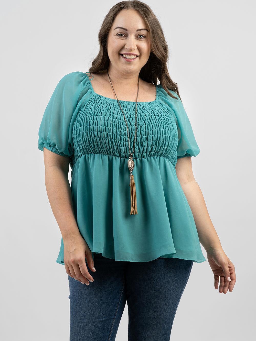Plus Size Women Pearl Chiffon Ruched Tiered Short Puff Sleeve Top - Cowgirl Wear