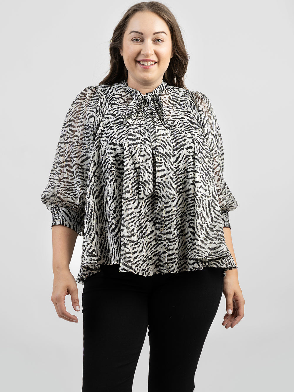 Plus Size Women Zebra Print Oversized 3/4 Sleeve Round Neck With Knot Blouse - Cowgirl Wear