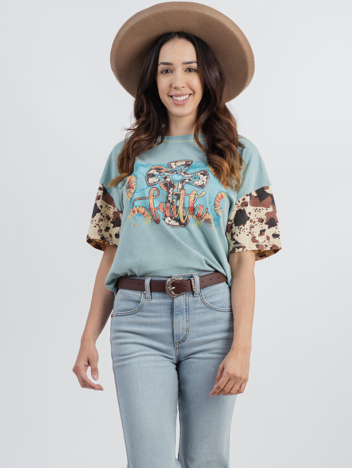 Women's Mineral Wash Cow Pattern Cross Graphic Short Sleeve Relaxed Fit Tee - Cowgirl Wear