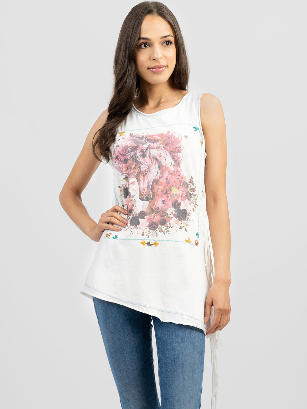 Women's Mineral Wash Hand Stitching Floral Horse Graphic Tassel Sleeveless Tee - Cowgirl Wear