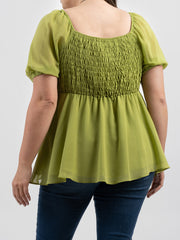 Plus Size Women Pearl Chiffon Ruched Tiered Short Puff Sleeve Top - Cowgirl Wear