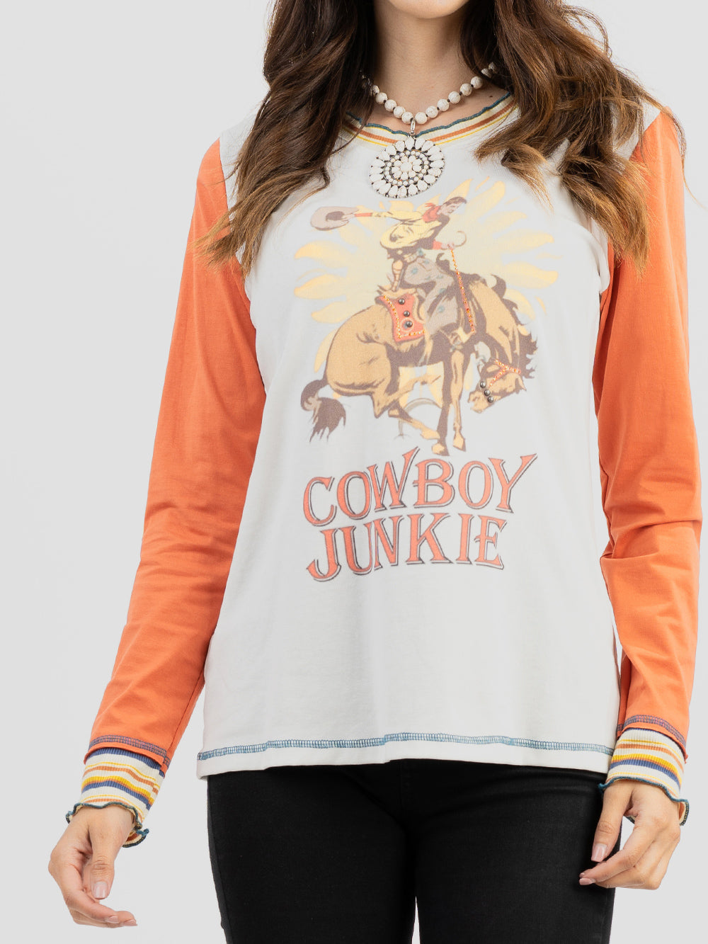 Delila Women Mineral Wash “Cowboy Junkie” Graphic Long Sleeve Shirt - Cowgirl Wear