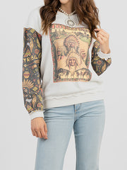 Women's Studded "101 Ranch Wild West" Graphic Print Distressed Long Sleeve Sweatshirt - Cowgirl Wear