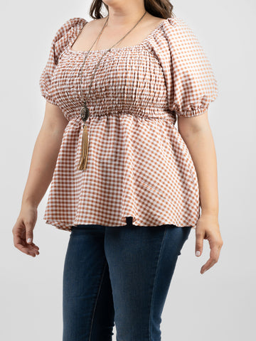 Plus Size Women's Gingham/Check Fabric Short Puff Sleeve Top - Cowgirl Wear