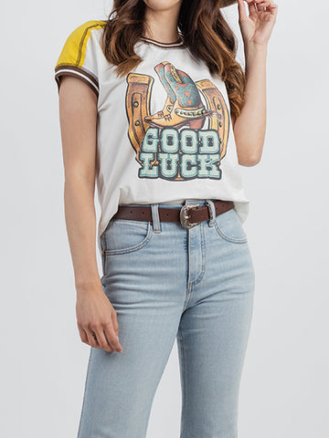 Delila Women Mineral Wash “Good Luck” Graphic Short Sleeve Tee - Cowgirl Wear
