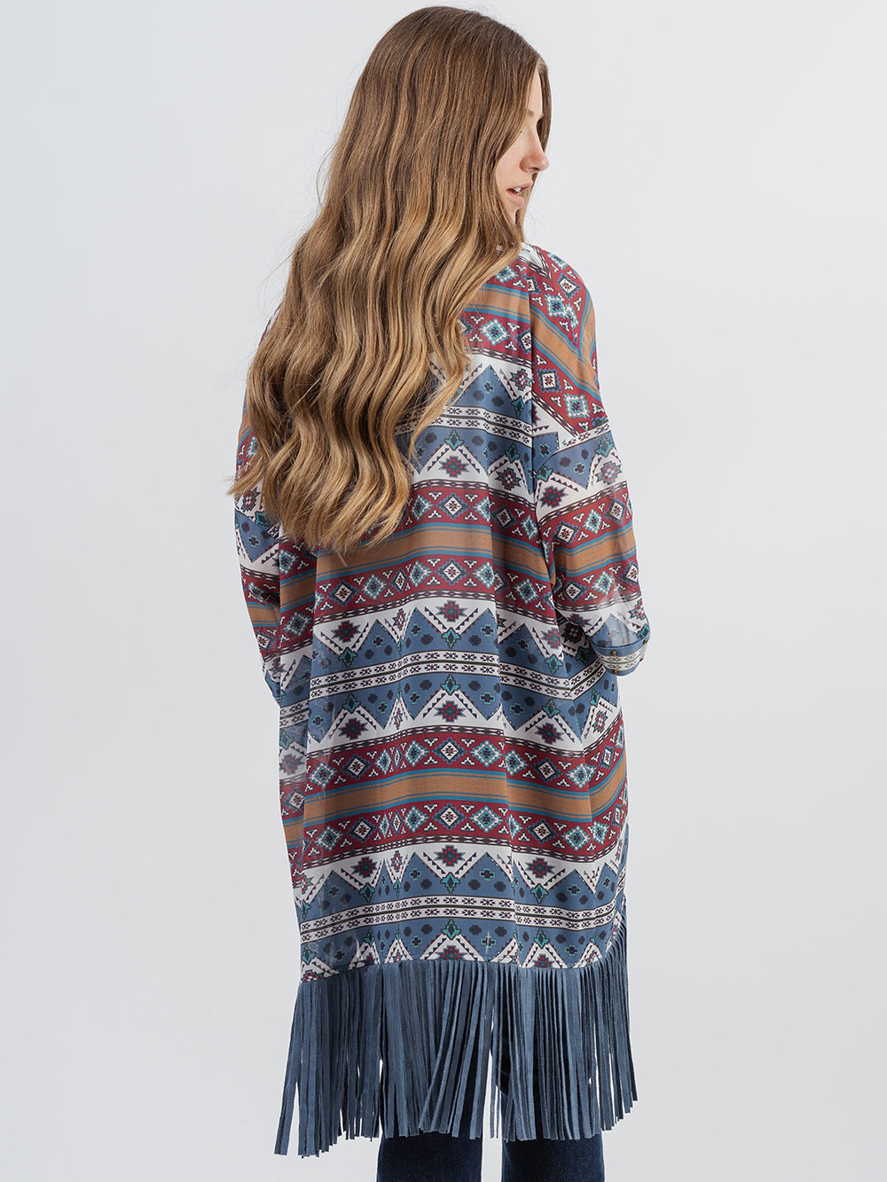 Delila Women Tassel “Aztec” Graphic ¾ Sleeve Kimono - Cowgirl Wear