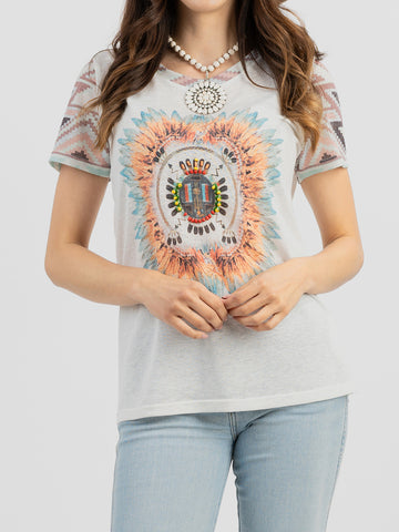 Women's Mineral Wash Aztec Feather Graphic Beading Short Sleeve Tee - Cowgirl Wear