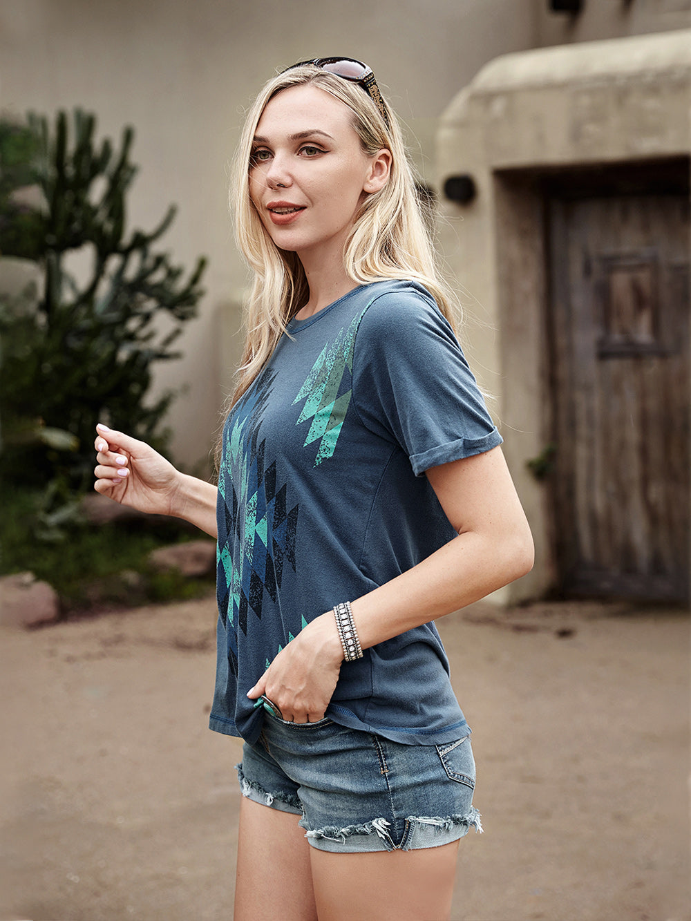 Women's Mineral Wash Aztec Collection Short Sleeve Relaxed Fit Tee - Cowgirl Wear