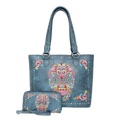 Concealed Carry Sugar Skull Embroidered Tote Purse and Wallet Set - Cowgirl Wear