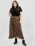 Plus Size Women Leopard Print Satin Frill Midi Skirt