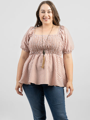 Plus Size Women's Gingham/Check Fabric Short Puff Sleeve Top - Cowgirl Wear