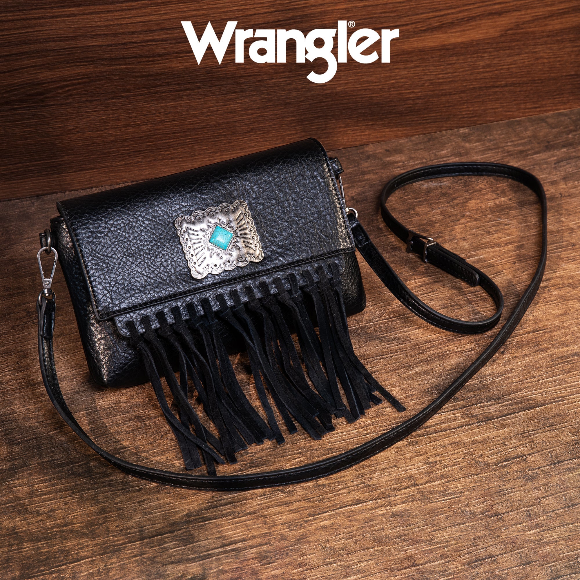 Wrangler Turquoise Stone Concho Fringe Clutch/Crossbody - Cowgirl Wear