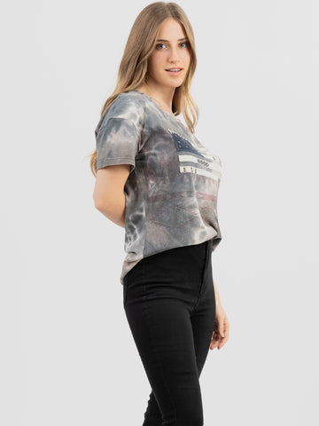 Women's Tie-Dye Hand Stitched Studded Flag Short Sleeve Tee - Cowgirl Wear