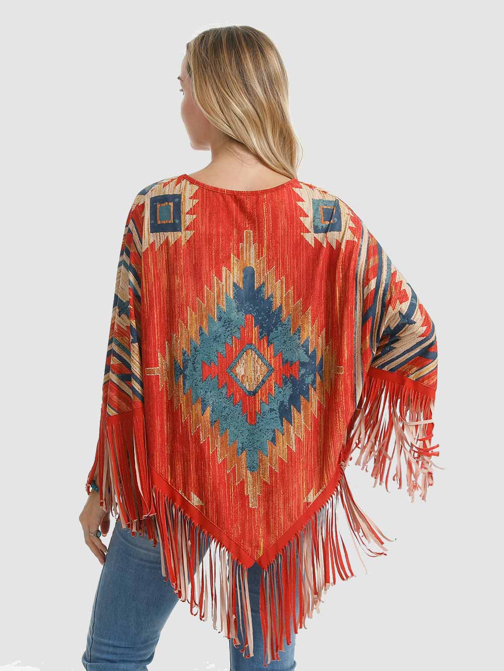 Montana West Red Aztec Fringe Poncho - Cowgirl Wear